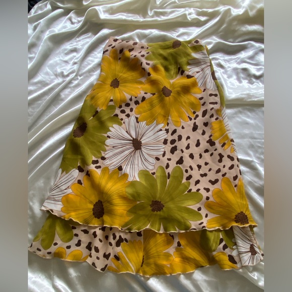 Vintage 1990s Floral Sunflower Leopard Chiffon Midi Button Skirt Boho Large - Picture 8 of 8